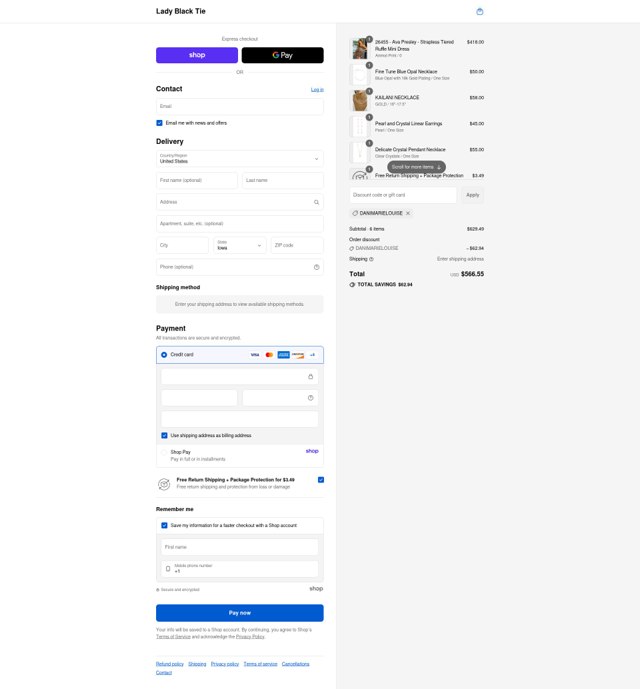 Lady Black Tie checkout page showing Lady Black Tie discount code box | Screenshot taken by SimplyCodes community member on Sep 4, 2025