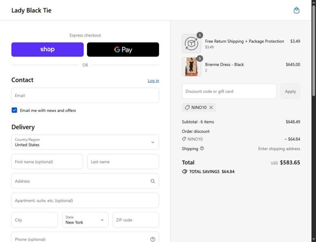 Lady Black Tie checkout page showing Lady Black Tie discount code box | Screenshot taken by SimplyCodes community member on Sep 4, 2025