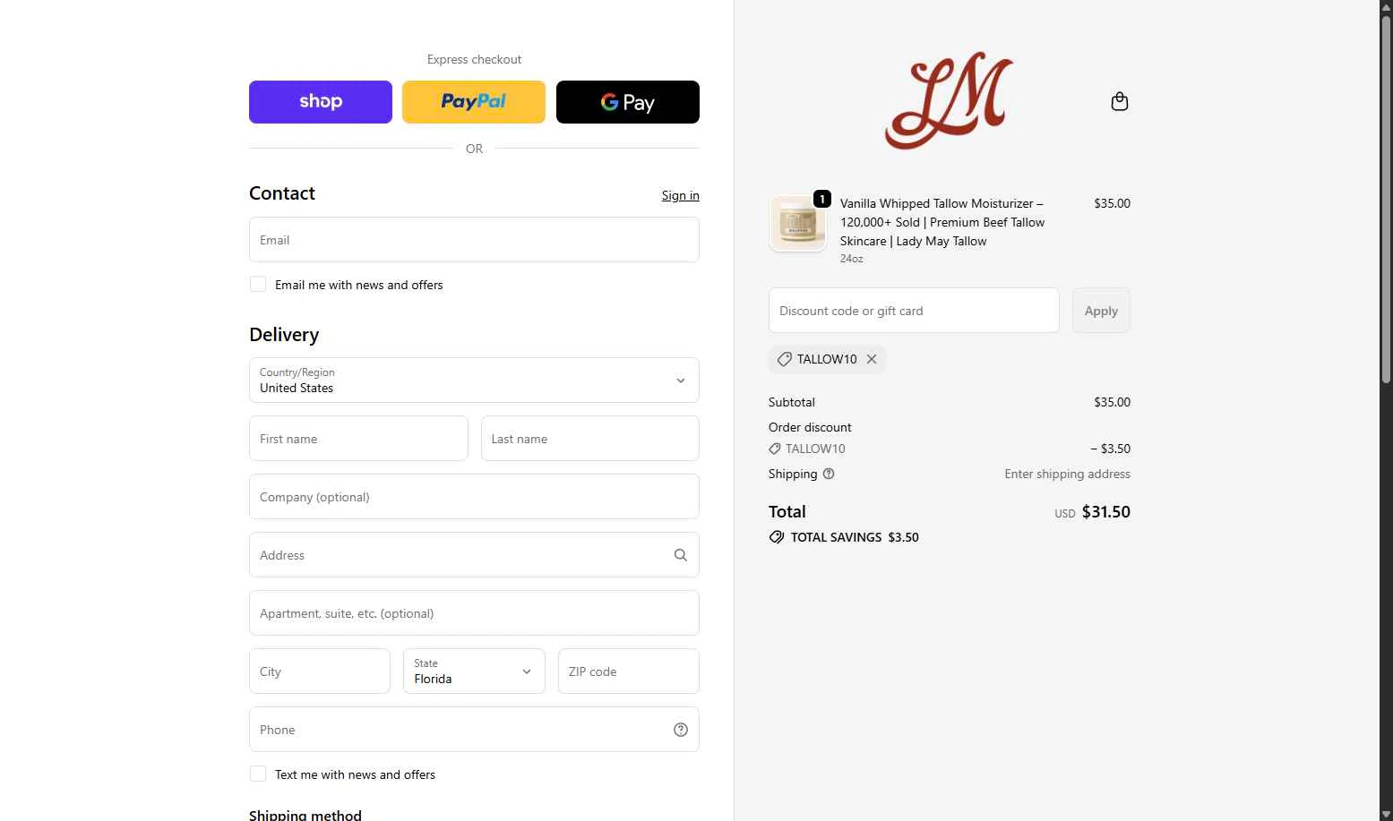 Lady May Tallow checkout page showing Lady May Tallow discount code box | Screenshot taken by SimplyCodes community member on Jan 6, 2026