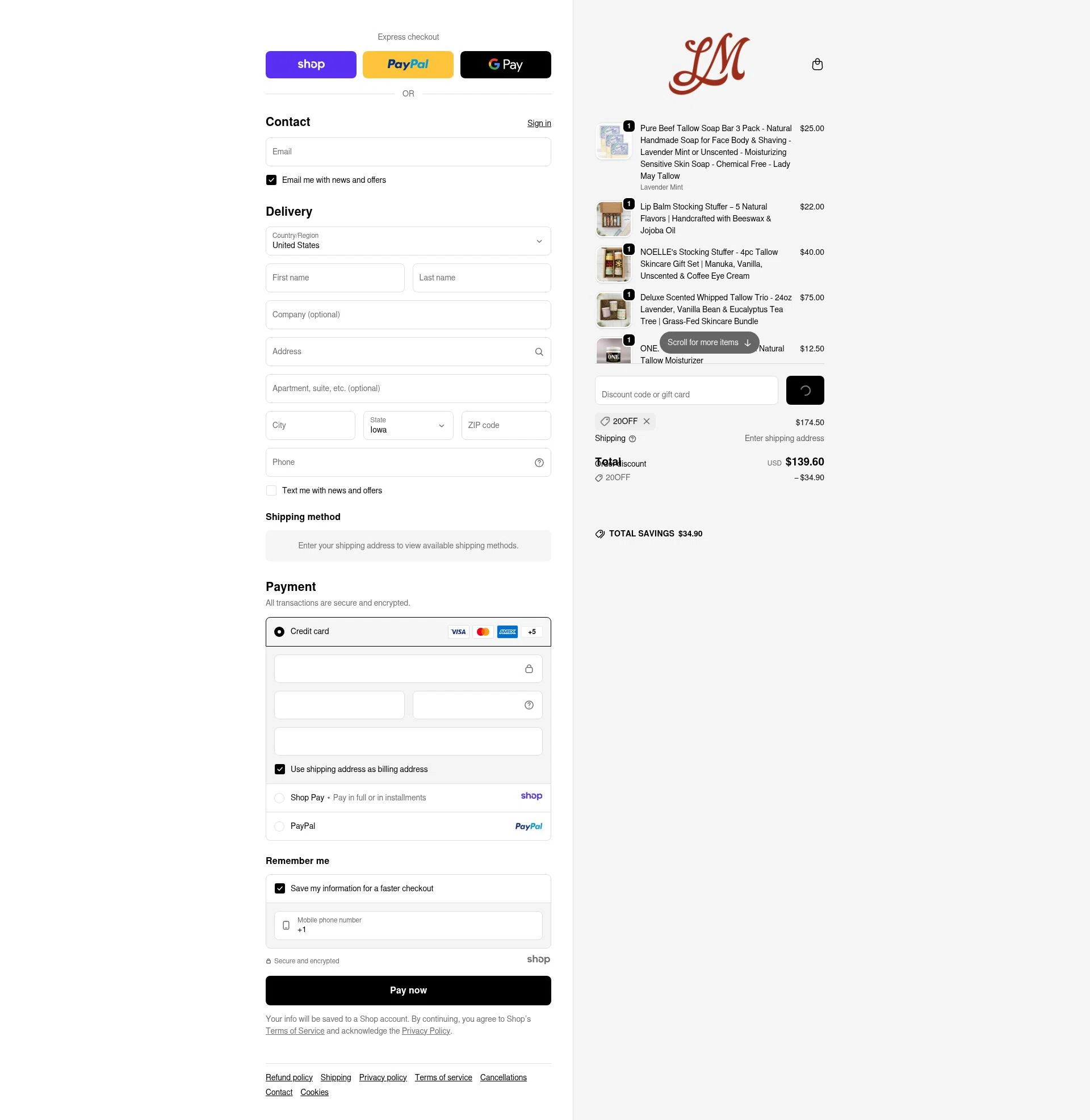 Lady May Tallow checkout page showing Lady May Tallow discount code box | Screenshot taken by SimplyCodes community member on Dec 29, 2025