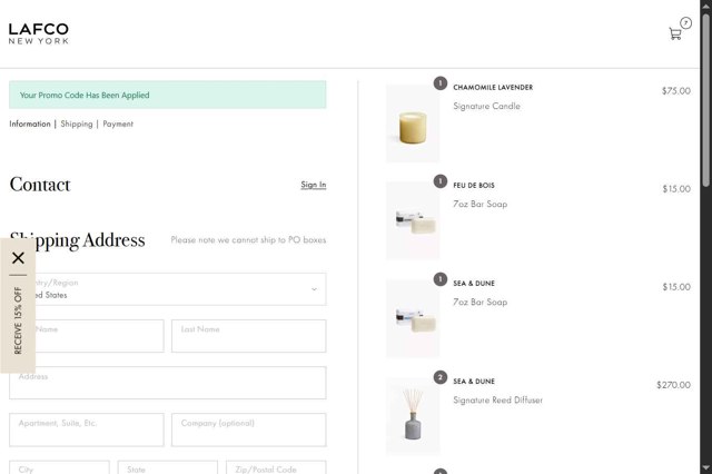 Lafco checkout page showing Lafco promo code box | Screenshot taken by SimplyCodes community member on Aug 25, 2025