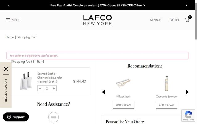 Lafco checkout page showing Lafco promo code box | Screenshot taken by SimplyCodes community member on May 26, 2025
