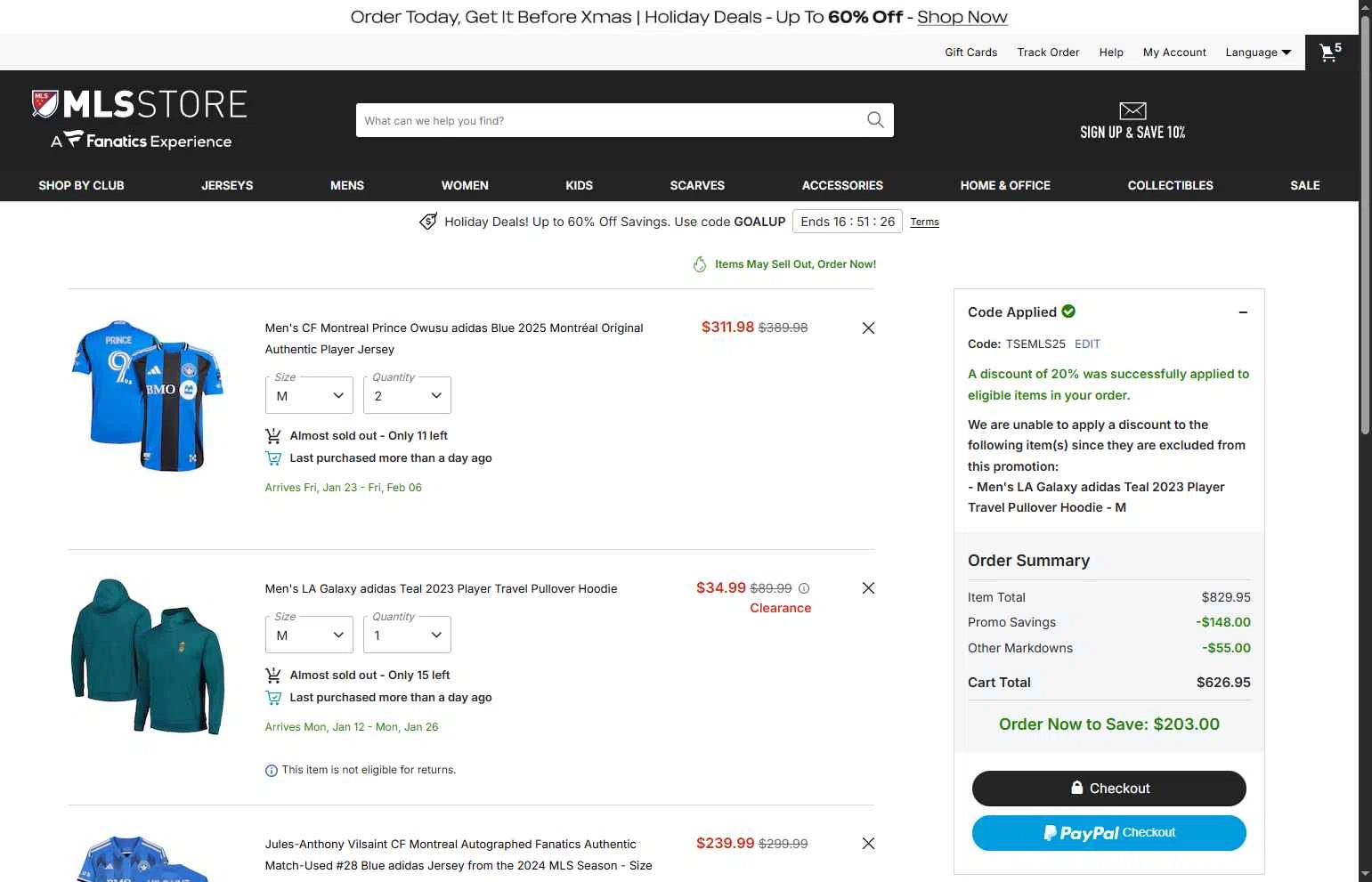 LA Galaxy checkout page showing LA Galaxy promo code box | Screenshot taken by SimplyCodes community member on Dec 21, 2025