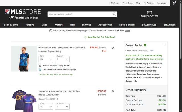 LA Galaxy checkout page showing LA Galaxy promo code box | Screenshot taken by SimplyCodes community member on Sep 24, 2025