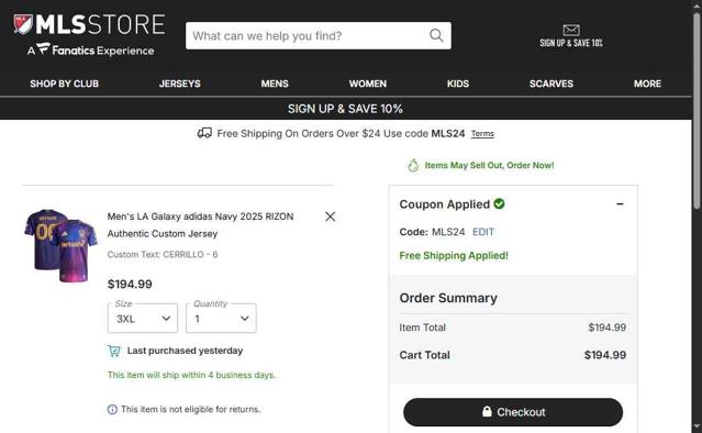 LA Galaxy checkout page showing LA Galaxy promo code box | Screenshot taken by SimplyCodes community member on Sep 30, 2025