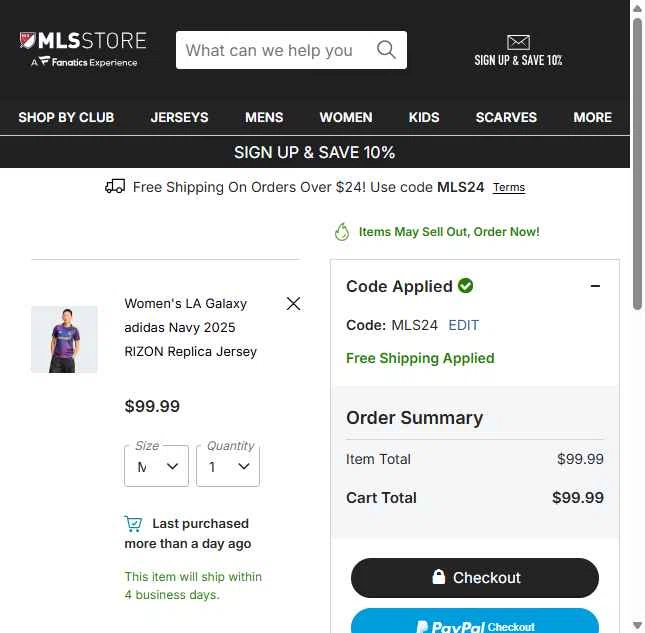 LA Galaxy checkout page showing LA Galaxy promo code box | Screenshot taken by SimplyCodes community member on Jan 31, 2026
