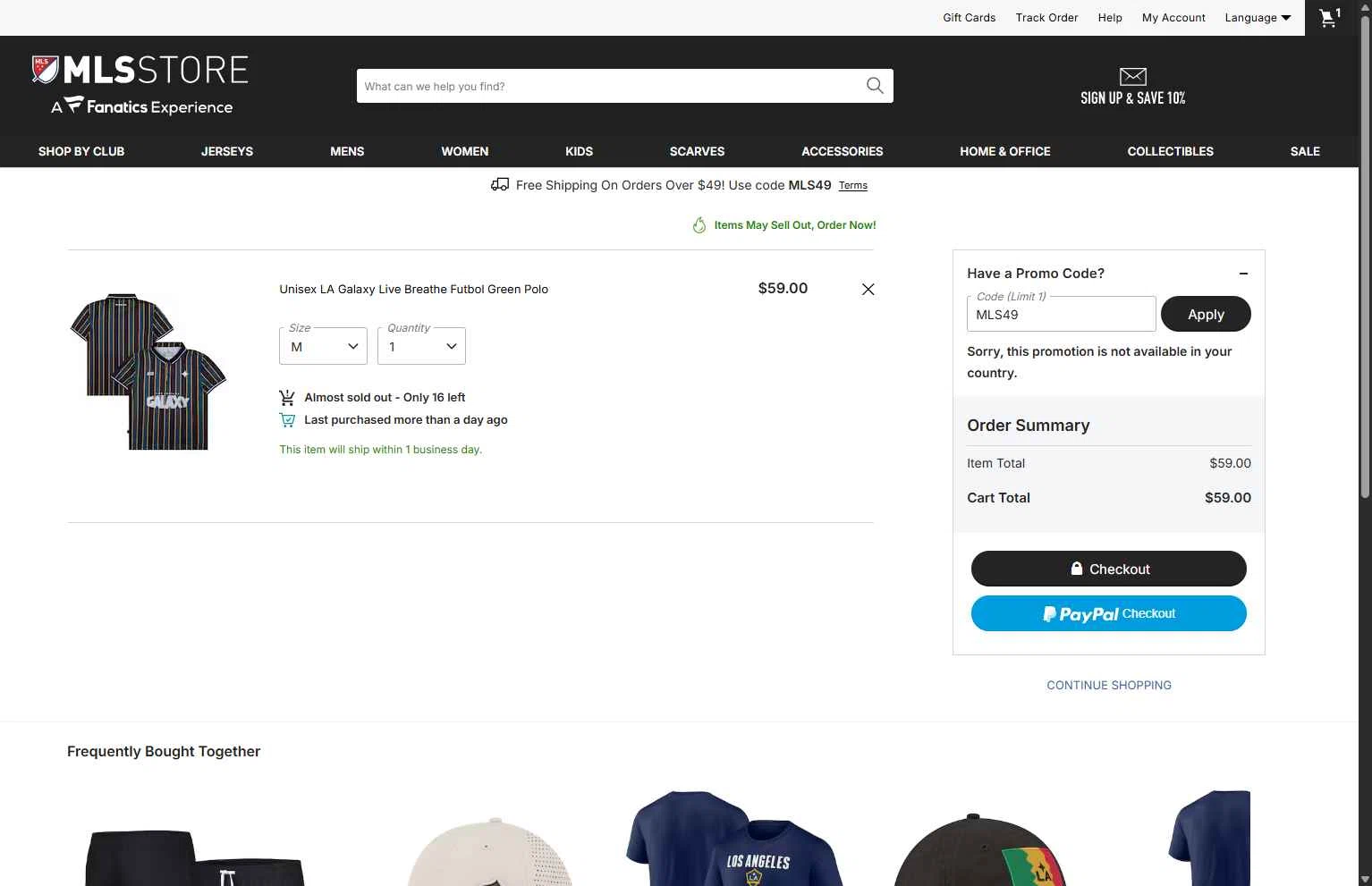 LA Galaxy checkout page showing LA Galaxy promo code box | Screenshot taken by SimplyCodes community member on Feb 1, 2026
