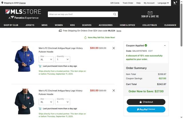 LA Galaxy checkout page showing LA Galaxy promo code box | Screenshot taken by SimplyCodes community member on Sep 10, 2025