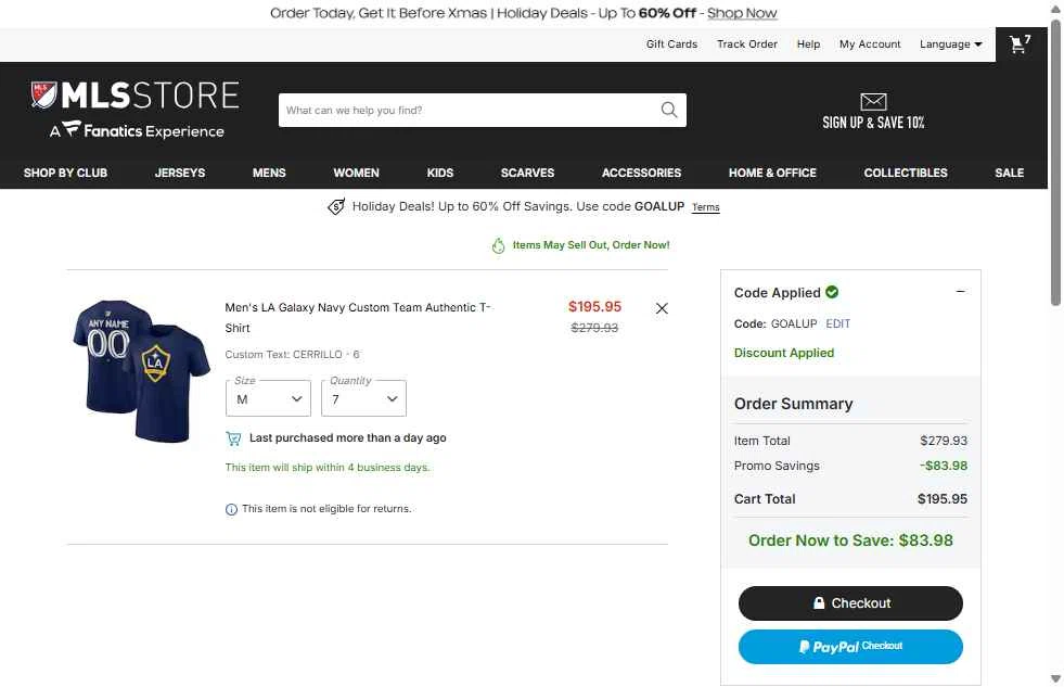LA Galaxy checkout page showing LA Galaxy promo code box | Screenshot taken by SimplyCodes community member on Dec 19, 2025