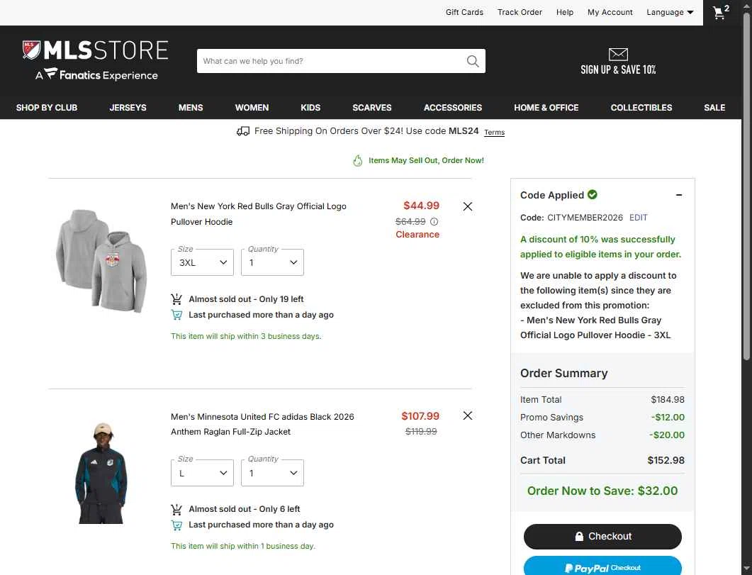 LA Galaxy checkout page showing LA Galaxy promo code box | Screenshot taken by SimplyCodes community member on Feb 5, 2026
