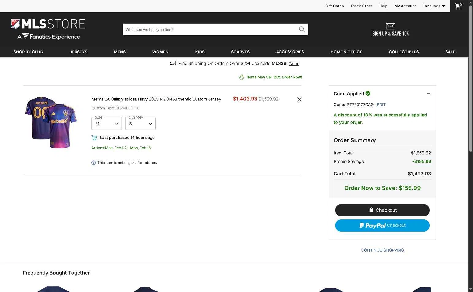 LA Galaxy checkout page showing LA Galaxy promo code box | Screenshot taken by SimplyCodes community member on Jan 6, 2026