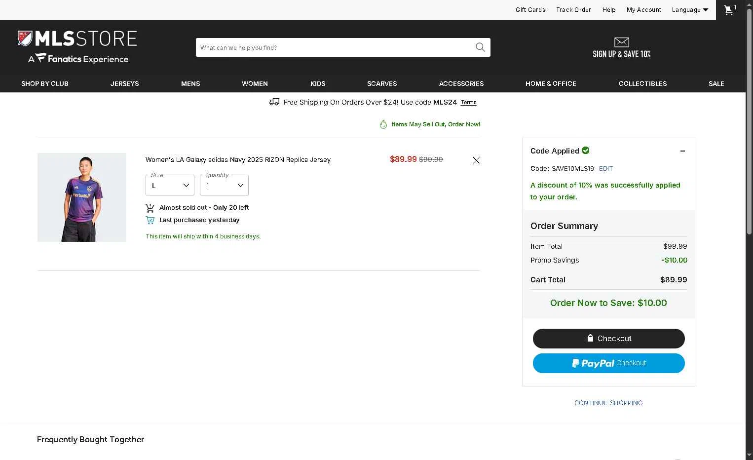 LA Galaxy checkout page showing LA Galaxy promo code box | Screenshot taken by SimplyCodes community member on Jan 14, 2026