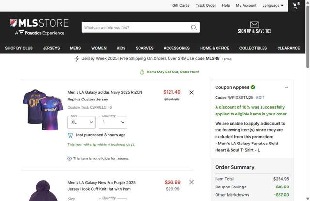 LA Galaxy checkout page showing LA Galaxy promo code box | Screenshot taken by SimplyCodes community member on Sep 22, 2025