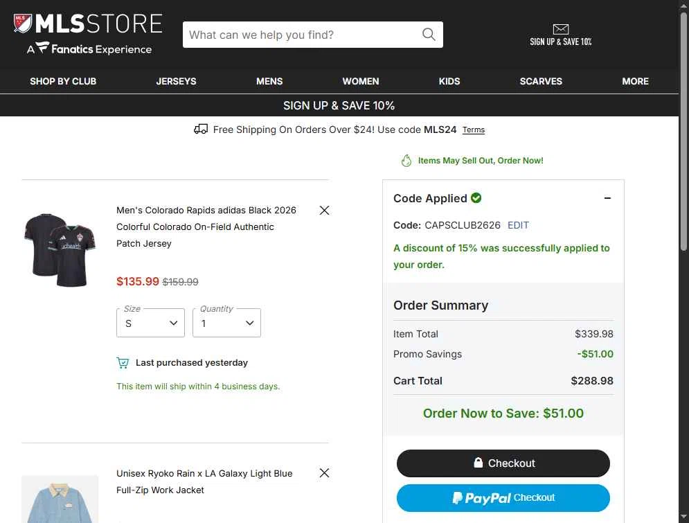 LA Galaxy checkout page showing LA Galaxy promo code box | Screenshot taken by SimplyCodes community member on Feb 24, 2026