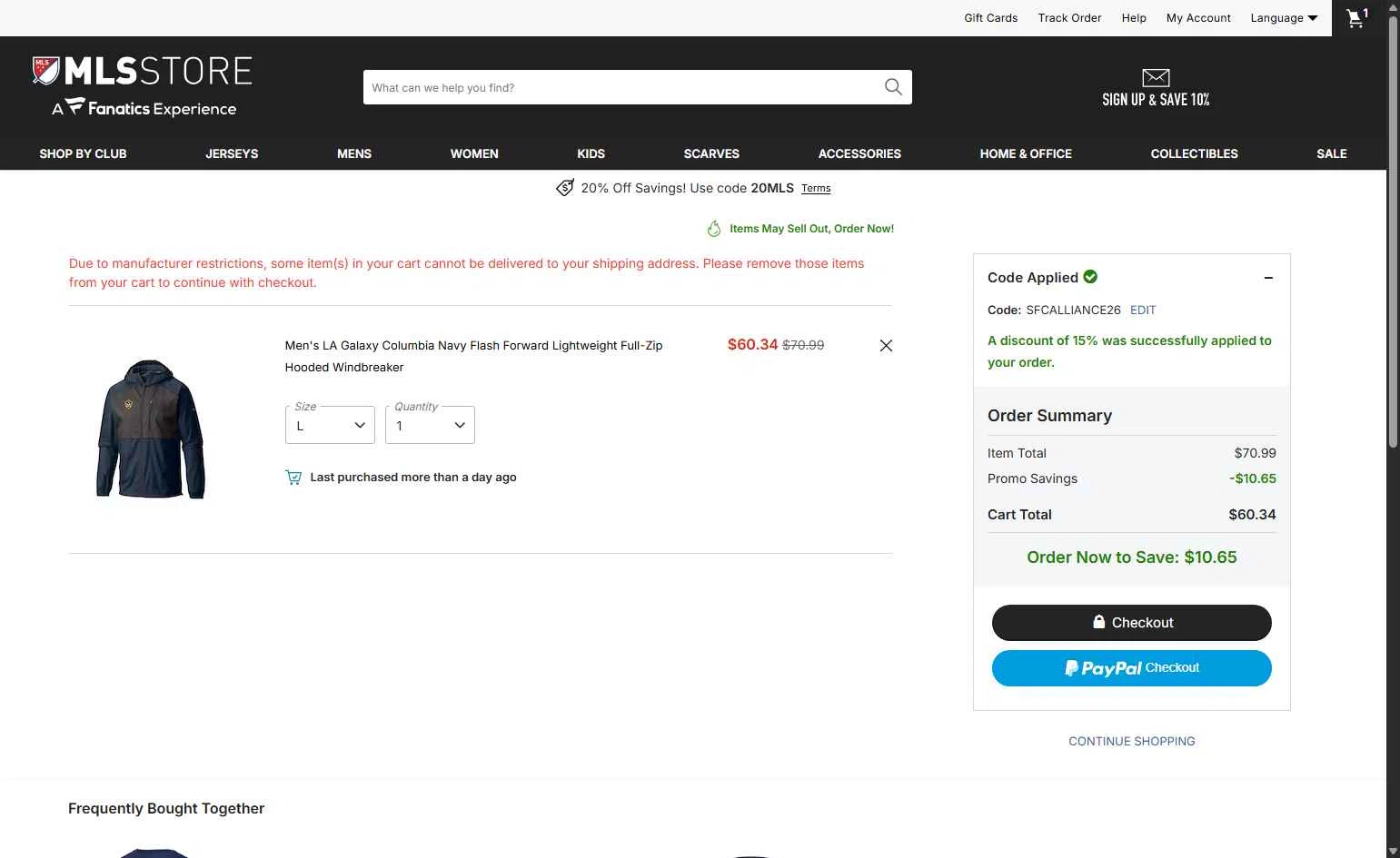 LA Galaxy checkout page showing LA Galaxy promo code box | Screenshot taken by SimplyCodes community member on Feb 25, 2026