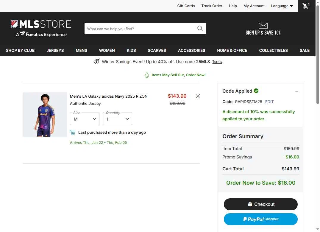 LA Galaxy checkout page showing LA Galaxy promo code box | Screenshot taken by SimplyCodes community member on Dec 27, 2025