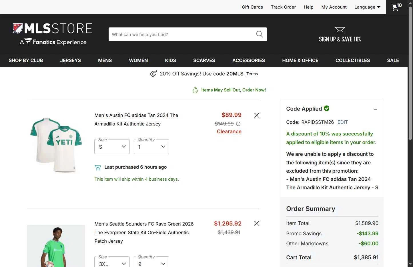 LA Galaxy checkout page showing LA Galaxy promo code box | Screenshot taken by SimplyCodes community member on Feb 25, 2026