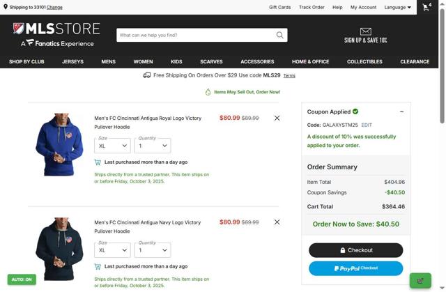 LA Galaxy checkout page showing LA Galaxy promo code box | Screenshot taken by SimplyCodes community member on Oct 2, 2025