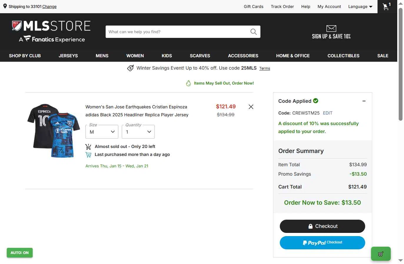 LA Galaxy checkout page showing LA Galaxy promo code box | Screenshot taken by SimplyCodes community member on Dec 27, 2025