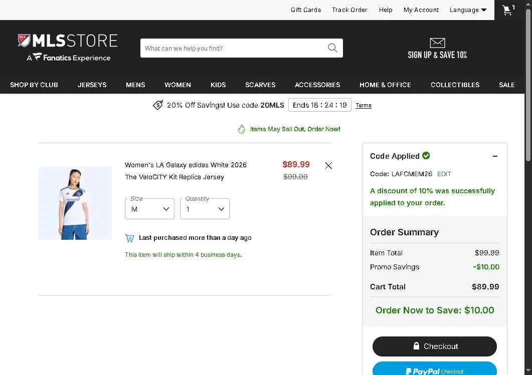 LA Galaxy checkout page showing LA Galaxy promo code box | Screenshot taken by SimplyCodes community member on Feb 20, 2026