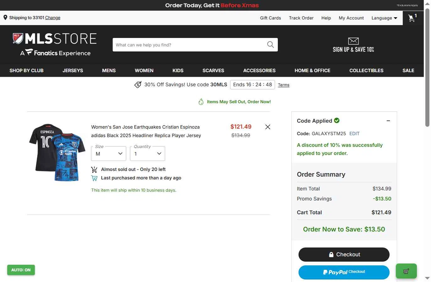 LA Galaxy checkout page showing LA Galaxy promo code box | Screenshot taken by SimplyCodes community member on Dec 15, 2025