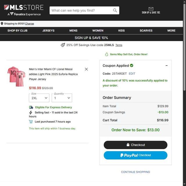 LA Galaxy checkout page showing LA Galaxy promo code box | Screenshot taken by SimplyCodes community member on Sep 9, 2025