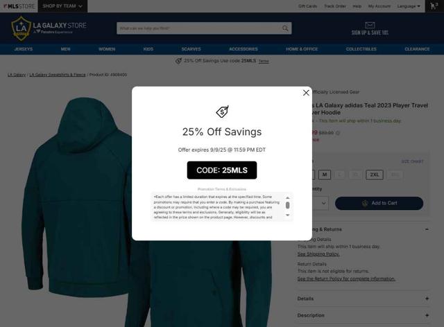 LA Galaxy checkout page showing LA Galaxy promo code box | Screenshot taken by SimplyCodes community member on Sep 8, 2025