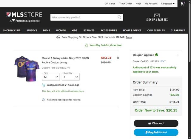 LA Galaxy checkout page showing LA Galaxy promo code box | Screenshot taken by SimplyCodes community member on Sep 14, 2025