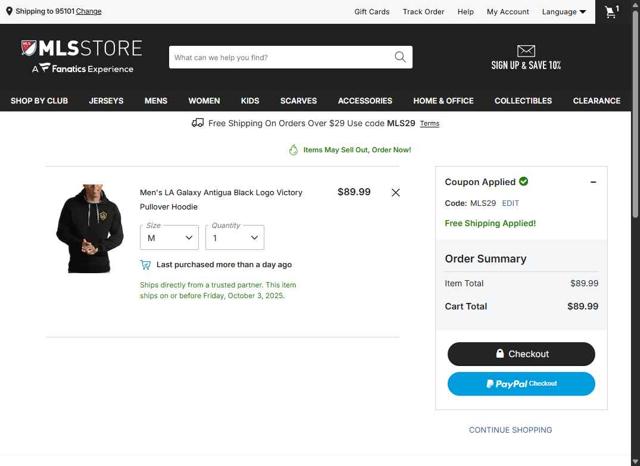 LA Galaxy checkout page showing LA Galaxy promo code box | Screenshot taken by SimplyCodes community member on Oct 2, 2025