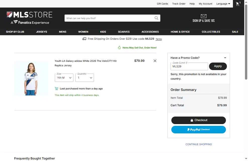 LA Galaxy checkout page showing LA Galaxy promo code box | Screenshot taken by SimplyCodes community member on Feb 22, 2026