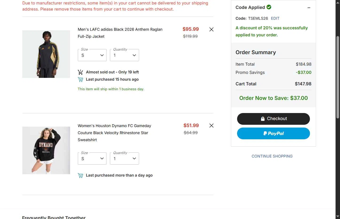 LA Galaxy checkout page showing LA Galaxy promo code box | Screenshot taken by SimplyCodes community member on Feb 25, 2026