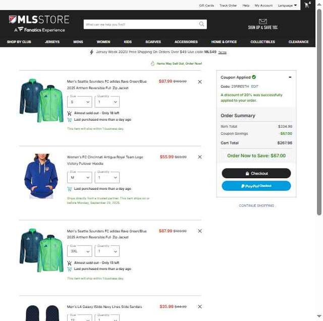 LA Galaxy checkout page showing LA Galaxy promo code box | Screenshot taken by SimplyCodes community member on Sep 27, 2025
