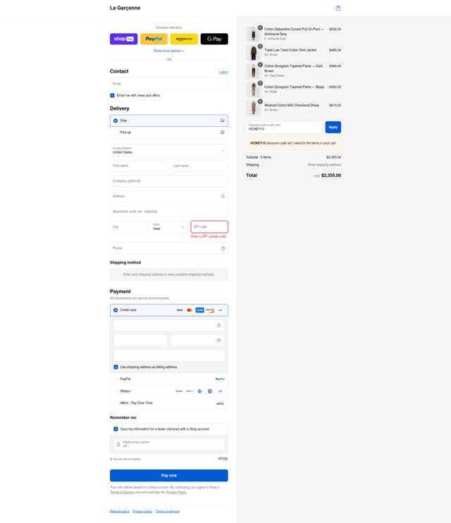 La Garconne checkout page showing La Garconne coupon code box | Screenshot taken by SimplyCodes community member on Aug 27, 2025