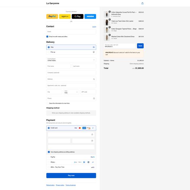 La Garconne checkout page showing La Garconne coupon code box | Screenshot taken by SimplyCodes community member on Sep 4, 2025