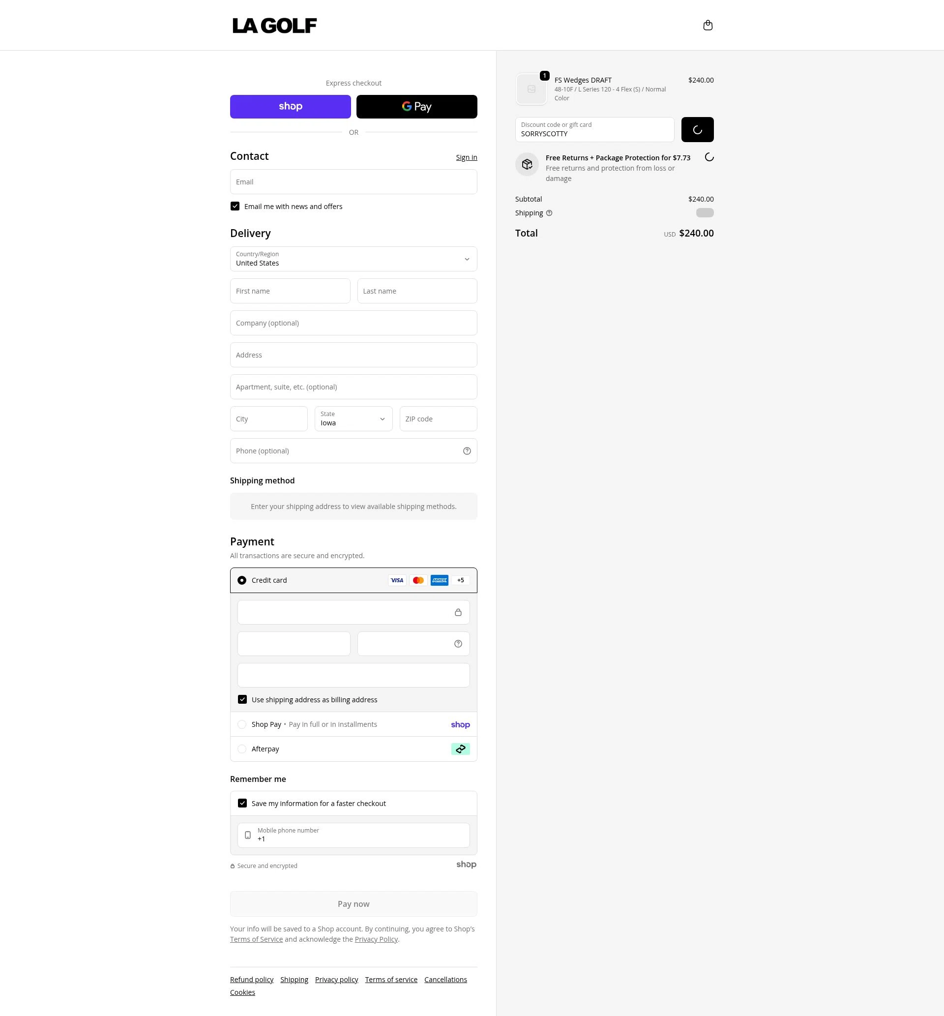 LA Golf checkout page showing LA Golf discount code box | Screenshot taken by SimplyCodes community member on Jan 26, 2026