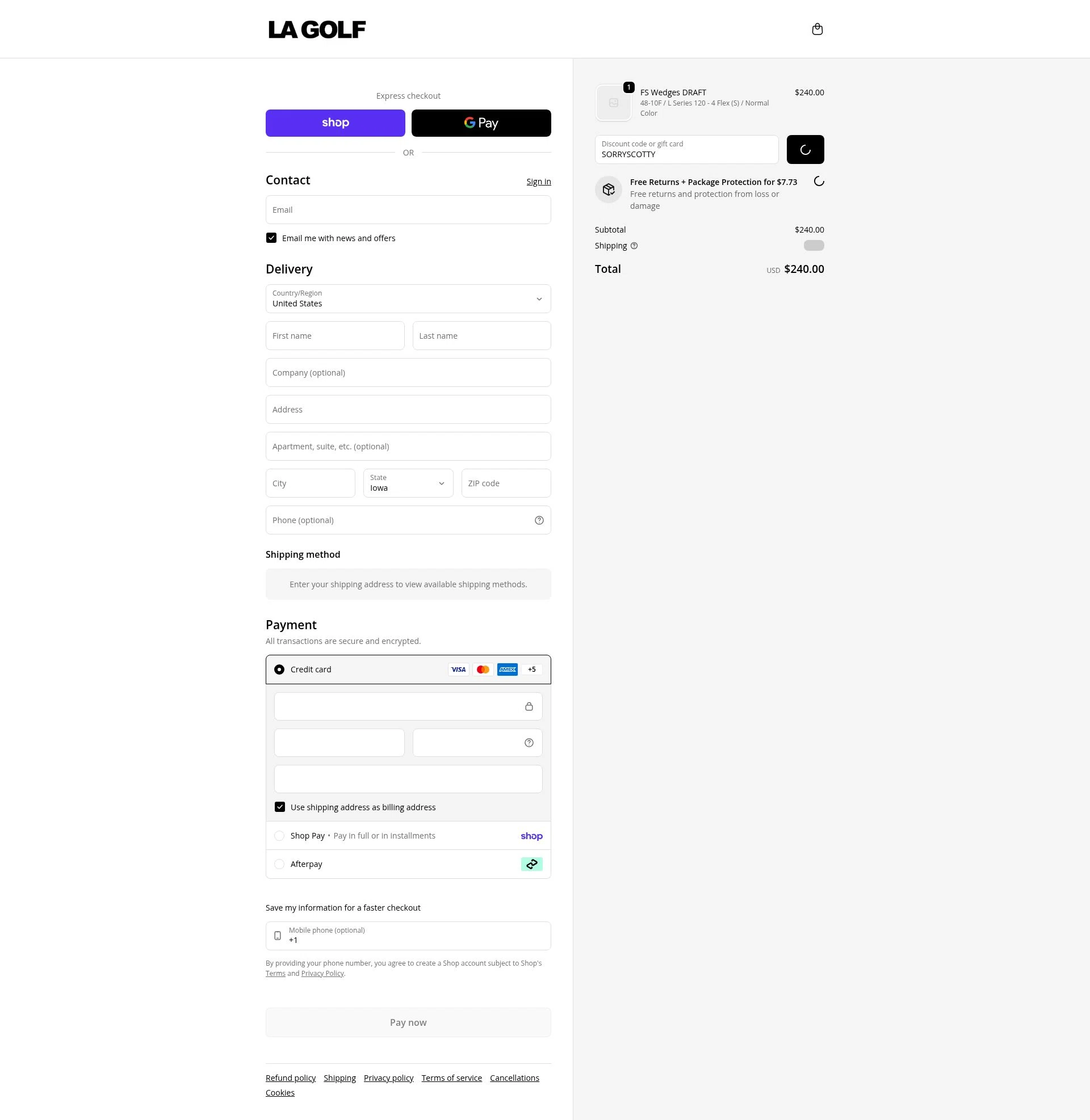 LA Golf checkout page showing LA Golf discount code box | Screenshot taken by SimplyCodes community member on Jan 30, 2026