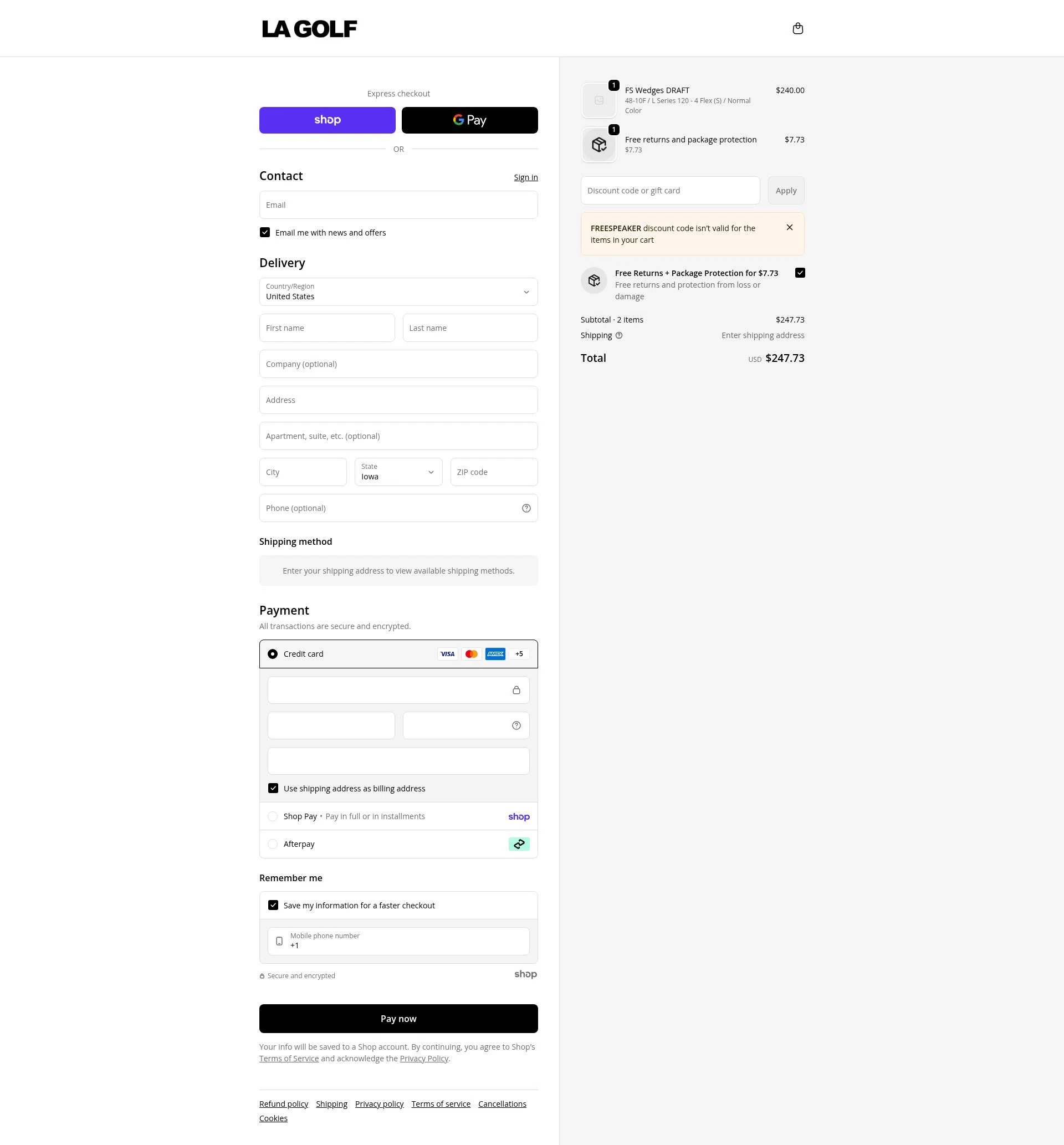 LA Golf checkout page showing LA Golf discount code box | Screenshot taken by SimplyCodes community member on Jan 26, 2026