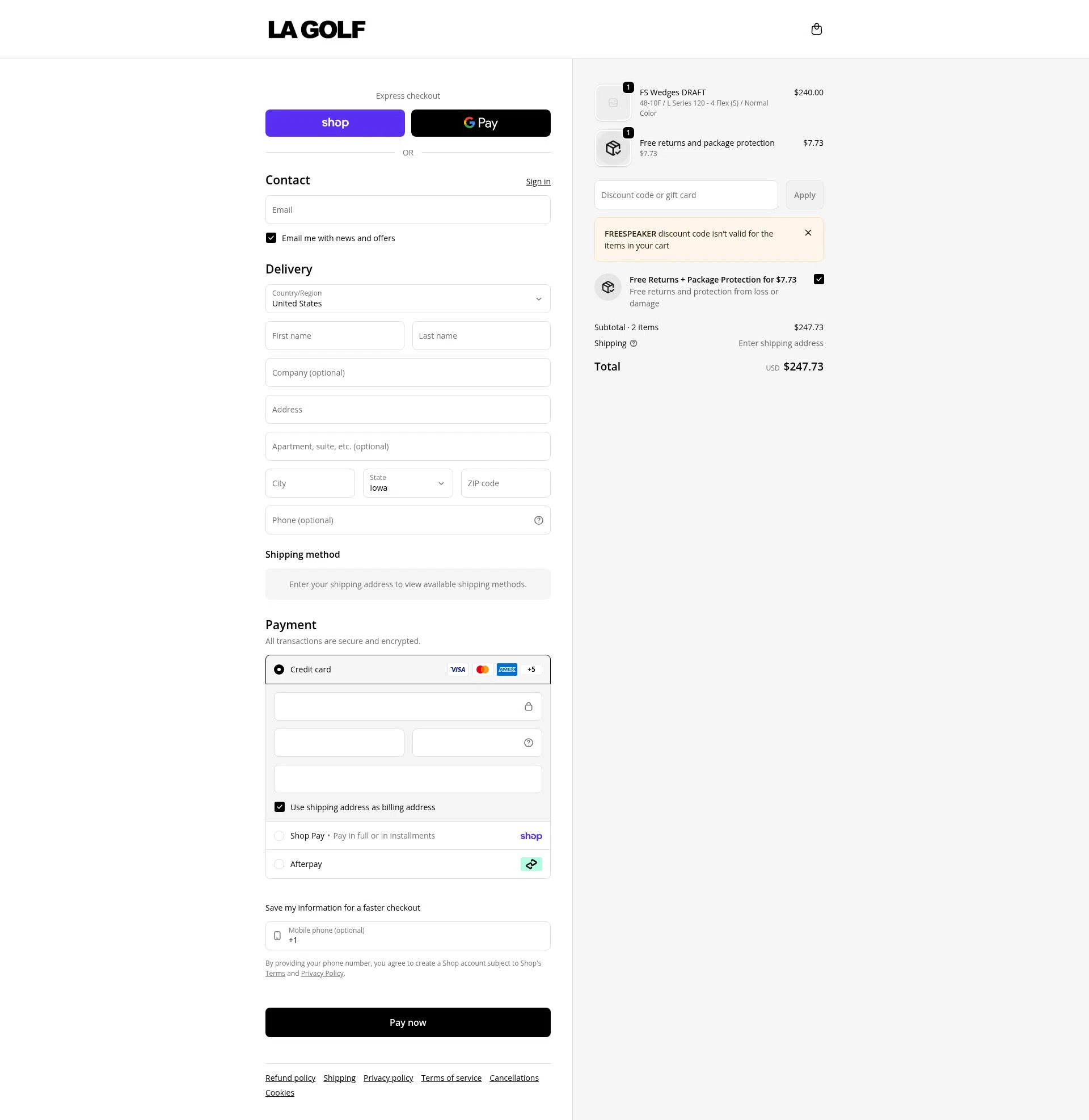 LA Golf checkout page showing LA Golf discount code box | Screenshot taken by SimplyCodes community member on Jan 30, 2026
