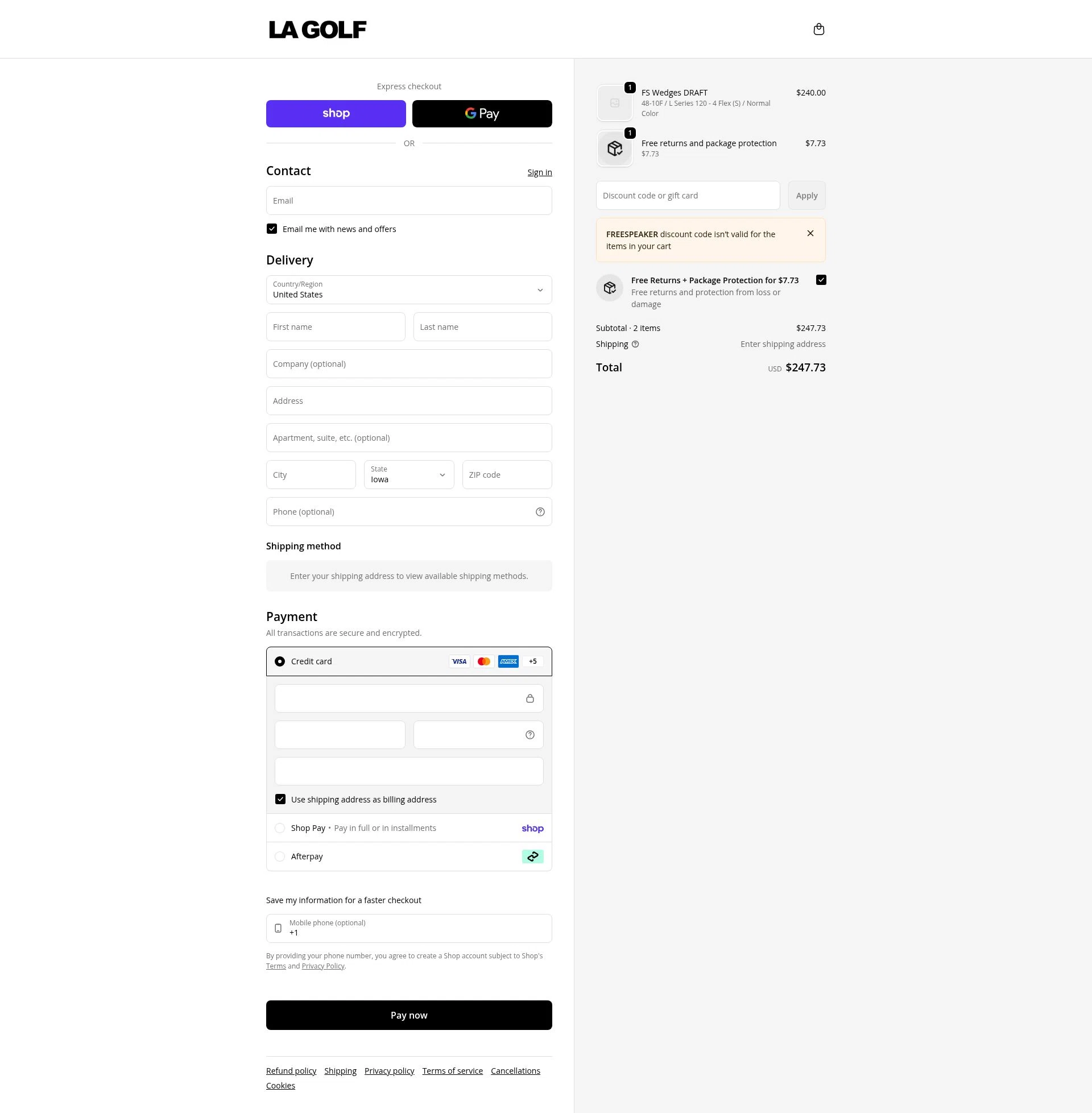 LA Golf checkout page showing LA Golf discount code box | Screenshot taken by SimplyCodes community member on Feb 12, 2026