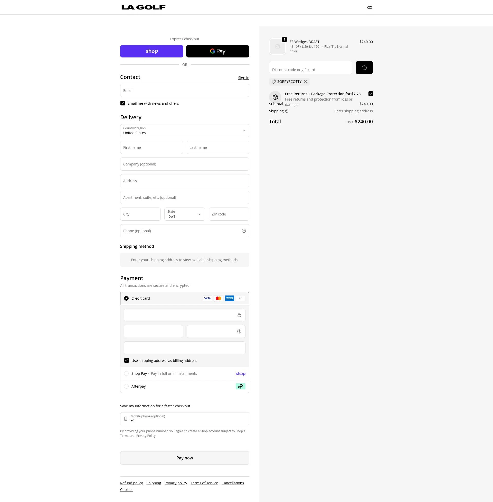 LA Golf checkout page showing LA Golf discount code box | Screenshot taken by SimplyCodes community member on Feb 4, 2026