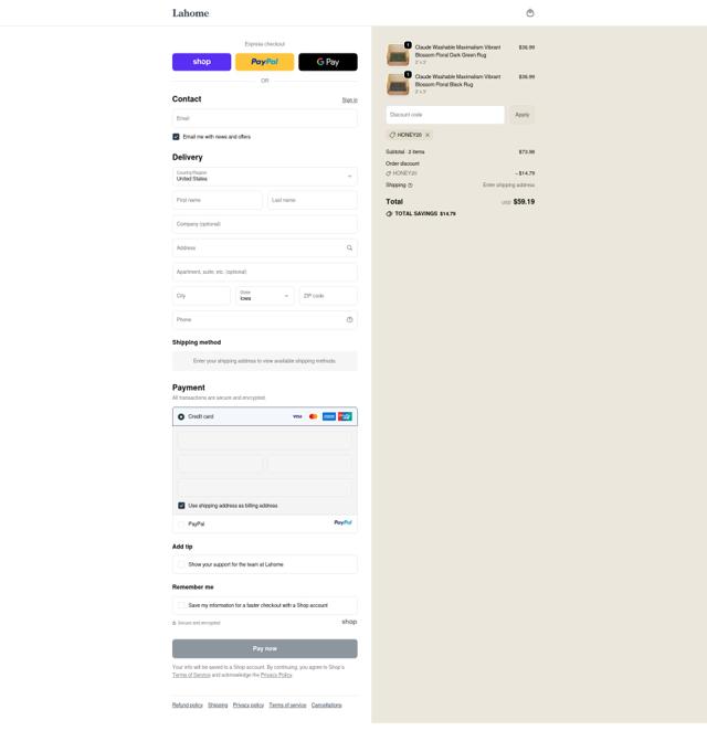 Lahome checkout page showing Lahome promo code box | Screenshot taken by SimplyCodes community member on Sep 18, 2025