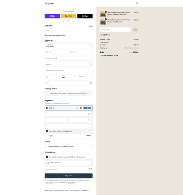 Lahome checkout page showing Lahome promo code box | Screenshot taken by SimplyCodes community member on Sep 18, 2025