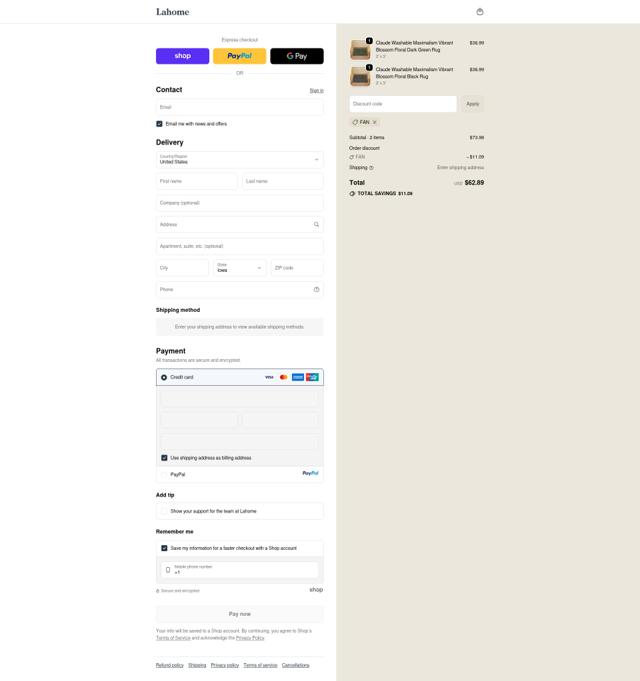 Lahome checkout page showing Lahome promo code box | Screenshot taken by SimplyCodes community member on Sep 18, 2025
