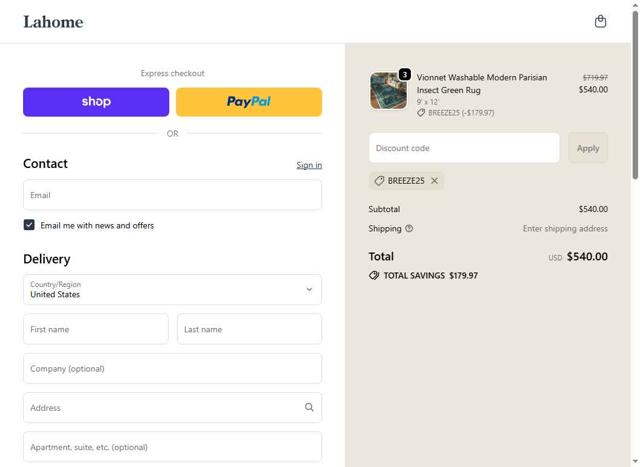 Lahome checkout page showing Lahome promo code box | Screenshot taken by SimplyCodes community member on Sep 18, 2025