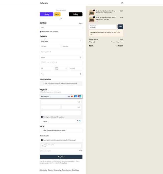 Lahome checkout page showing Lahome promo code box | Screenshot taken by SimplyCodes community member on Sep 18, 2025