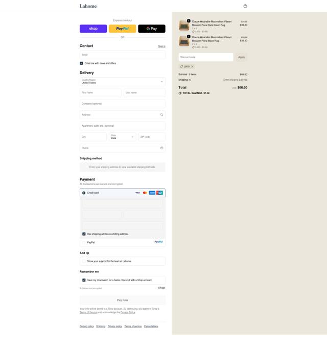 Lahome checkout page showing Lahome promo code box | Screenshot taken by SimplyCodes community member on Sep 18, 2025