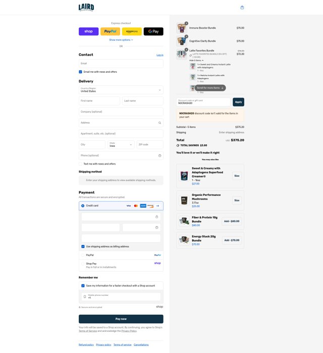 Laird Superfood checkout page showing Laird Superfood discount code box | Screenshot taken by SimplyCodes community member on Sep 4, 2025