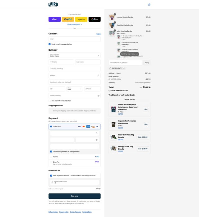 Laird Superfood checkout page showing Laird Superfood discount code box | Screenshot taken by SimplyCodes community member on Sep 4, 2025
