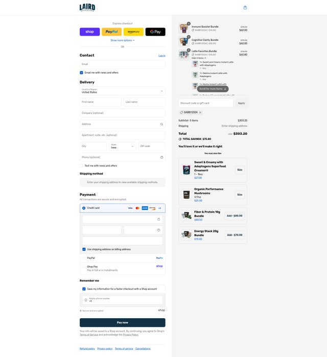 Laird Superfood checkout page showing Laird Superfood discount code box | Screenshot taken by SimplyCodes community member on Sep 4, 2025