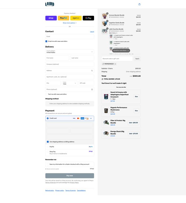 Laird Superfood checkout page showing Laird Superfood discount code box | Screenshot taken by SimplyCodes community member on Sep 4, 2025